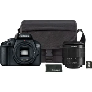 Комплект Canon EOS 4000D с объективом EF-S 18–55 мм, сумкой SB130 и картой памяти на 16 ГБ — отличный набор для фотографов.